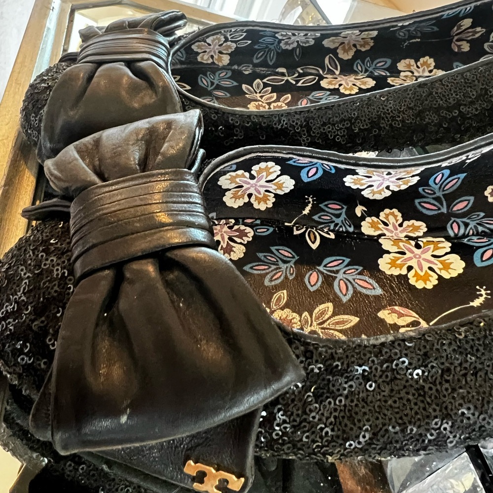 Tory Burch Black Sequin Flats with Bow